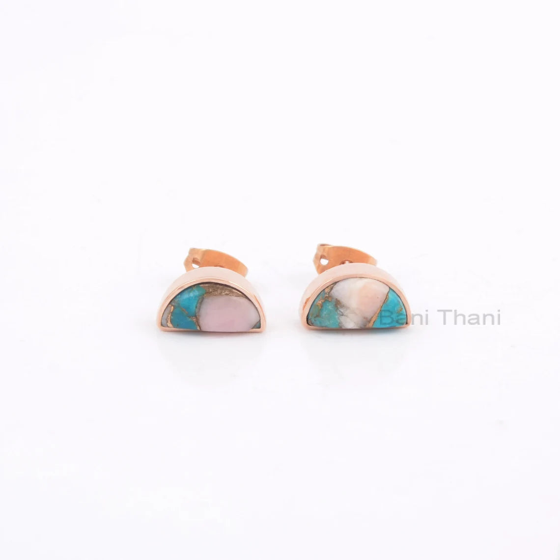 Pink Opal Copper Turquoise Halfmoon Gemstone Stud Earrings, 925 Silver Rose Gold Plated Earring, Antique Silver Earring, Womens Gift Earring