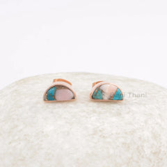 Pink Opal Copper Turquoise Halfmoon Gemstone Stud Earrings, 925 Silver Rose Gold Plated Earring, Antique Silver Earring, Womens Gift Earring