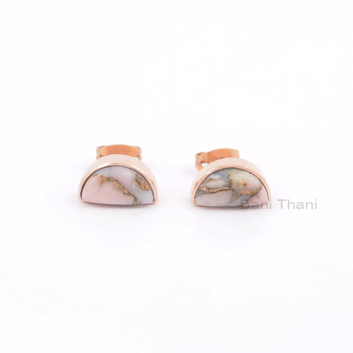 Pink Opal Copper 5x10mm Halfmoon Gemstone Stud Earrings, 925 Silver Bezel Earring, Rose Gold Plated Stud Earring, Bridal Gift Jewelry