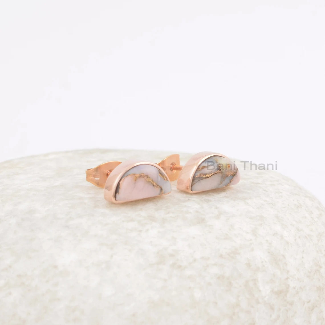 Pink Opal Copper 5x10mm Halfmoon Gemstone Stud Earrings, 925 Silver Bezel Earring, Rose Gold Plated Stud Earring, Bridal Gift Jewelry