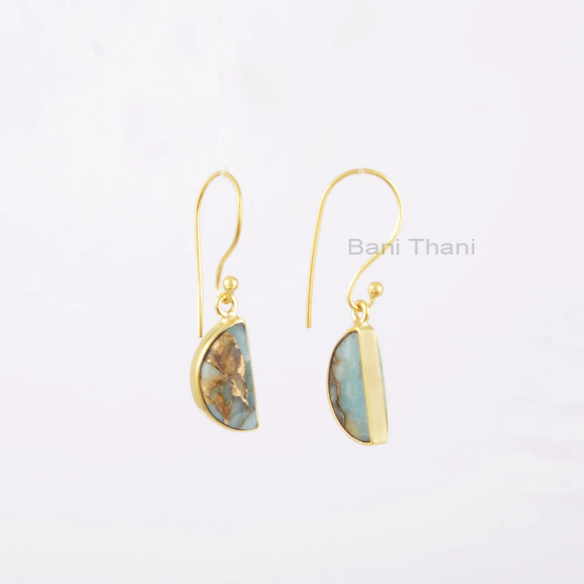 Dangle Copper Amazonite Halfmoon 7x14mm Gemstone Earrings, 18k Gold Plated Bezel Earring, 925 Sterling Silver Drop Earrings, Gift For Her