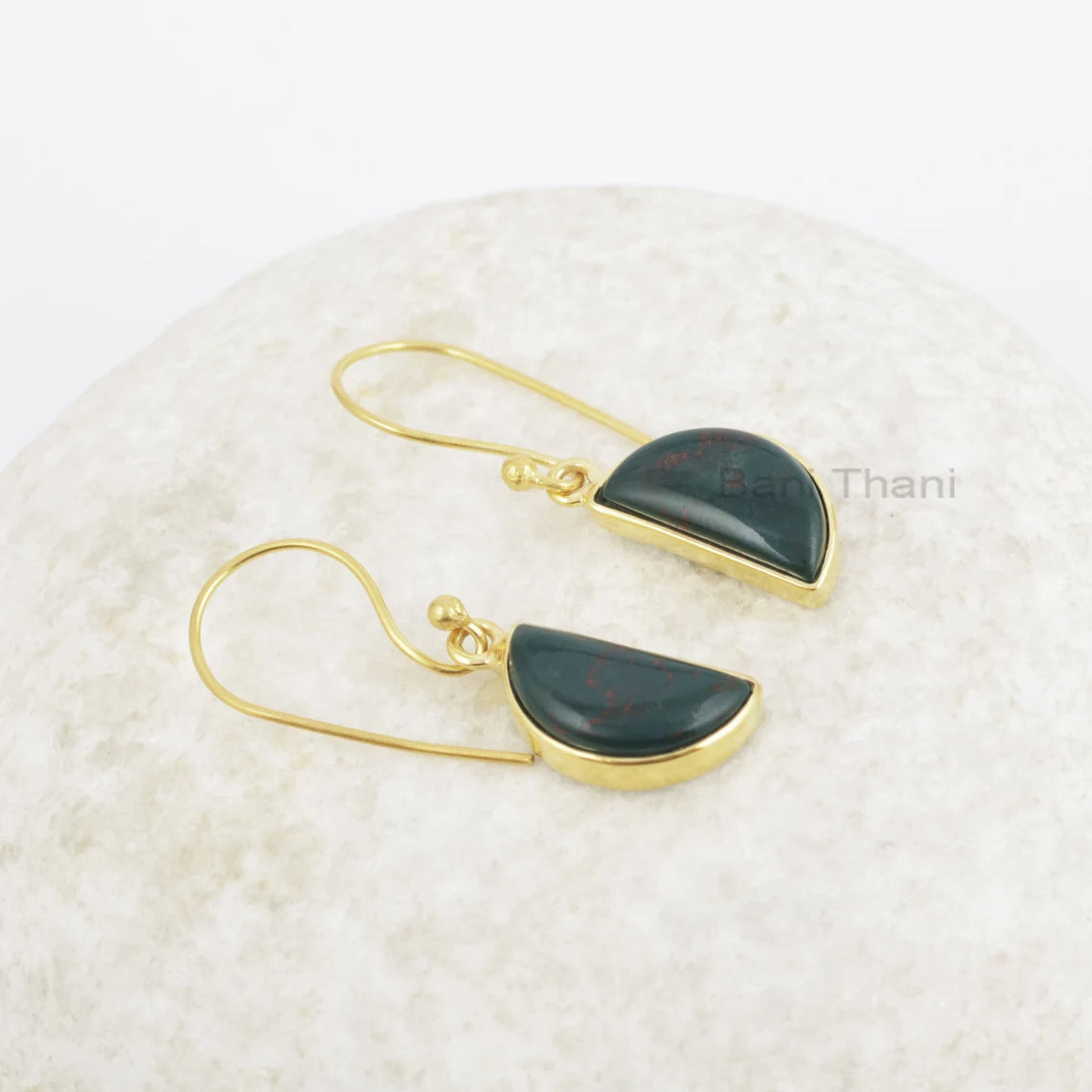 Handmade Halfmoon Bloodstone 7x14mm Gemstone Drop Earrings, 925 Sterling Silver Drop Earrings, 18k Gold Plated Earring, Drop Dangle Earrings