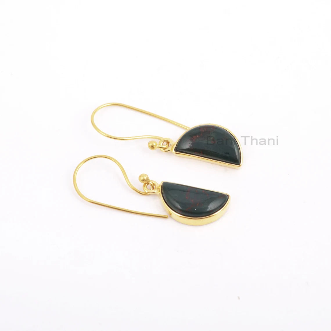 Handmade Halfmoon Bloodstone 7x14mm Gemstone Drop Earrings, 925 Sterling Silver Drop Earrings, 18k Gold Plated Earring, Drop Dangle Earrings