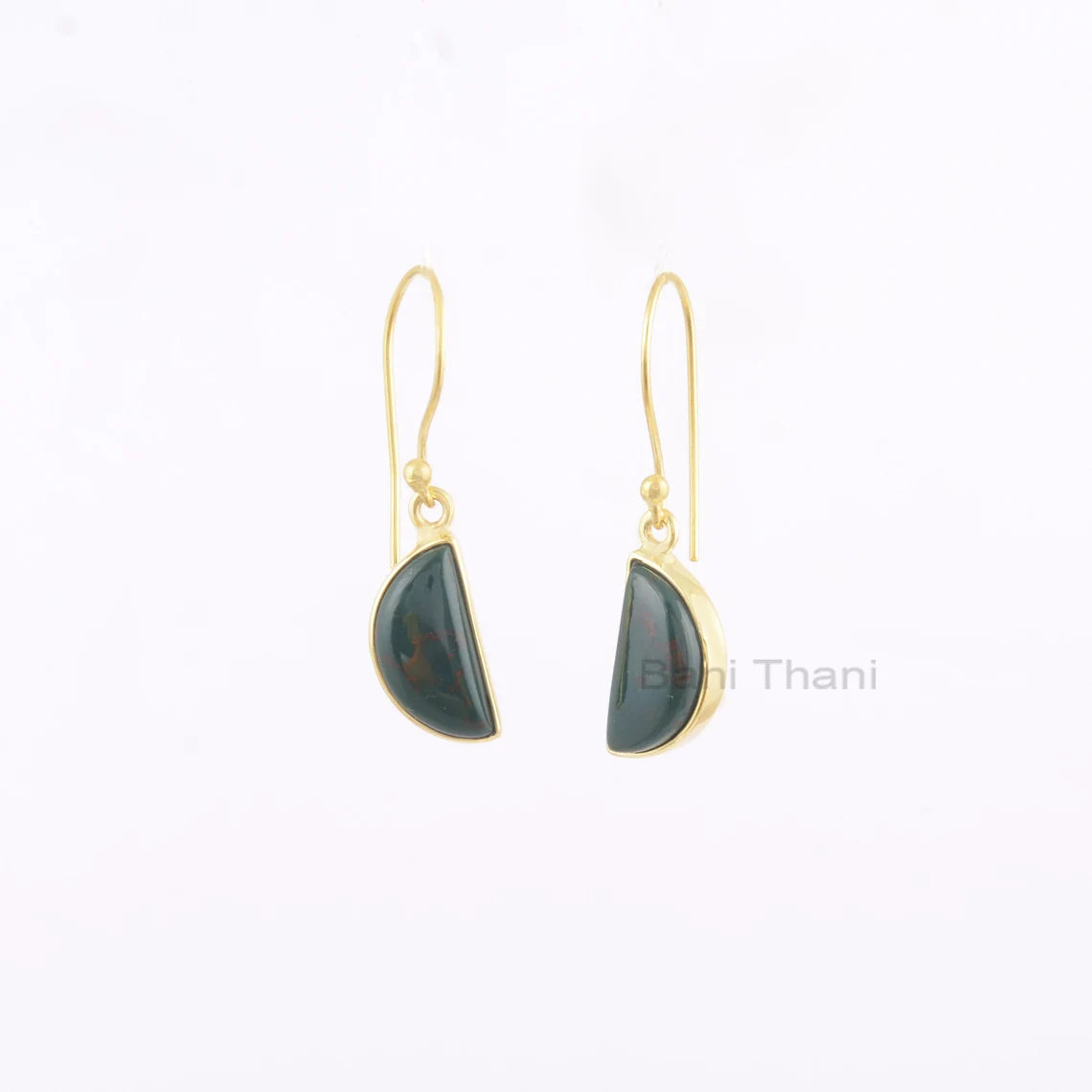 Handmade Halfmoon Bloodstone 7x14mm Gemstone Drop Earrings, 925 Sterling Silver Drop Earrings, 18k Gold Plated Earring, Drop Dangle Earrings