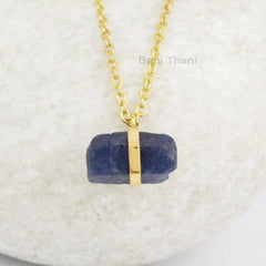 Rough Blue Sapphire 9x16mm Necklace - Gold Plated Necklace - Solid Silver - Party Jewelry - Jewelry For The Traveler - Gift For Young Mom