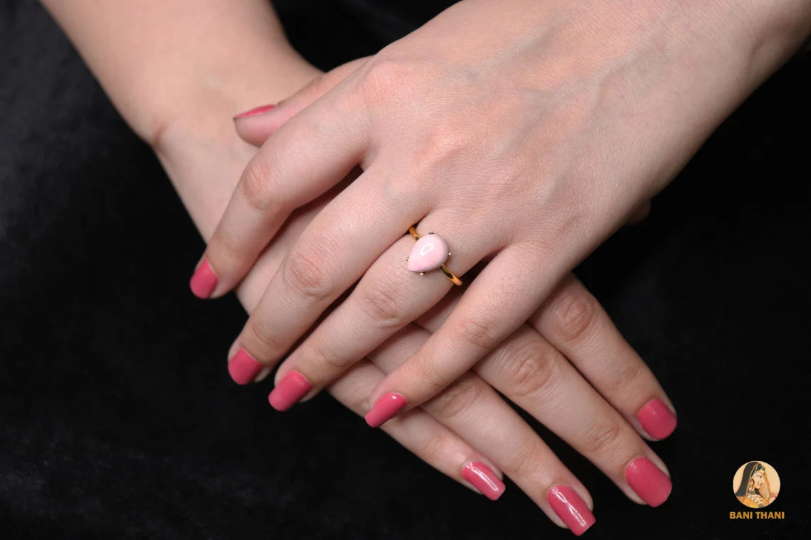 Opal Cabochon Ring, Pink Opal 9x12mm Pear Shape Gemstone Ring, 18k Gold Plated Pink Opal Ring, 925 Silver Ring, Prong Set Opal Cabochon Ring