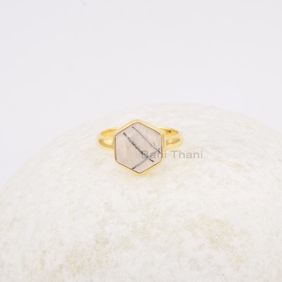 Black Rutile Ring - Handmade Ring - 925 Silver - 10mm Hexagon Stone - Gold Plated - Fashion Jewelry - Gift For Besties - Jewelry For Sister