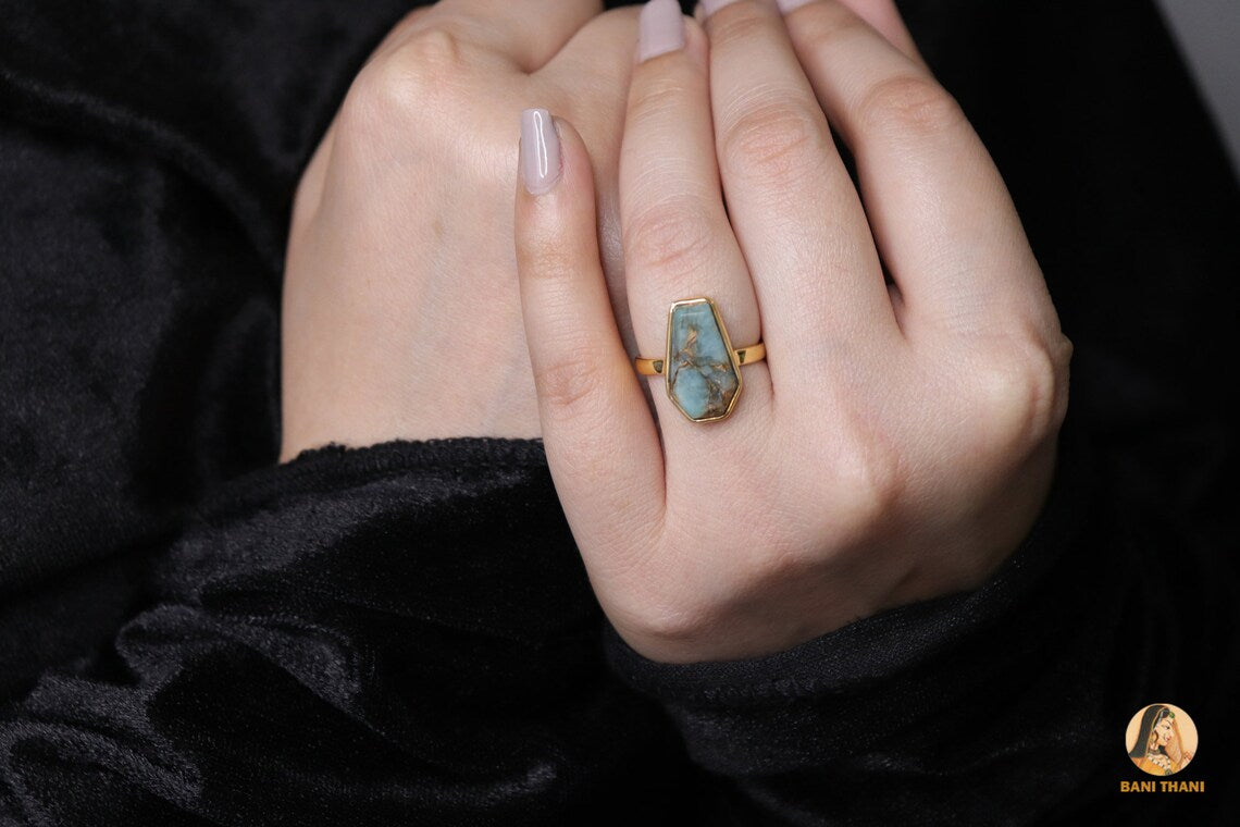 Coffin Ring, Copper Amazonite 10x17 mm Coffin Shape Gemstone 925 Silver Ring, Bezel Ring, 18k Gold Plated Handmade Ring, Women's Gift Ring