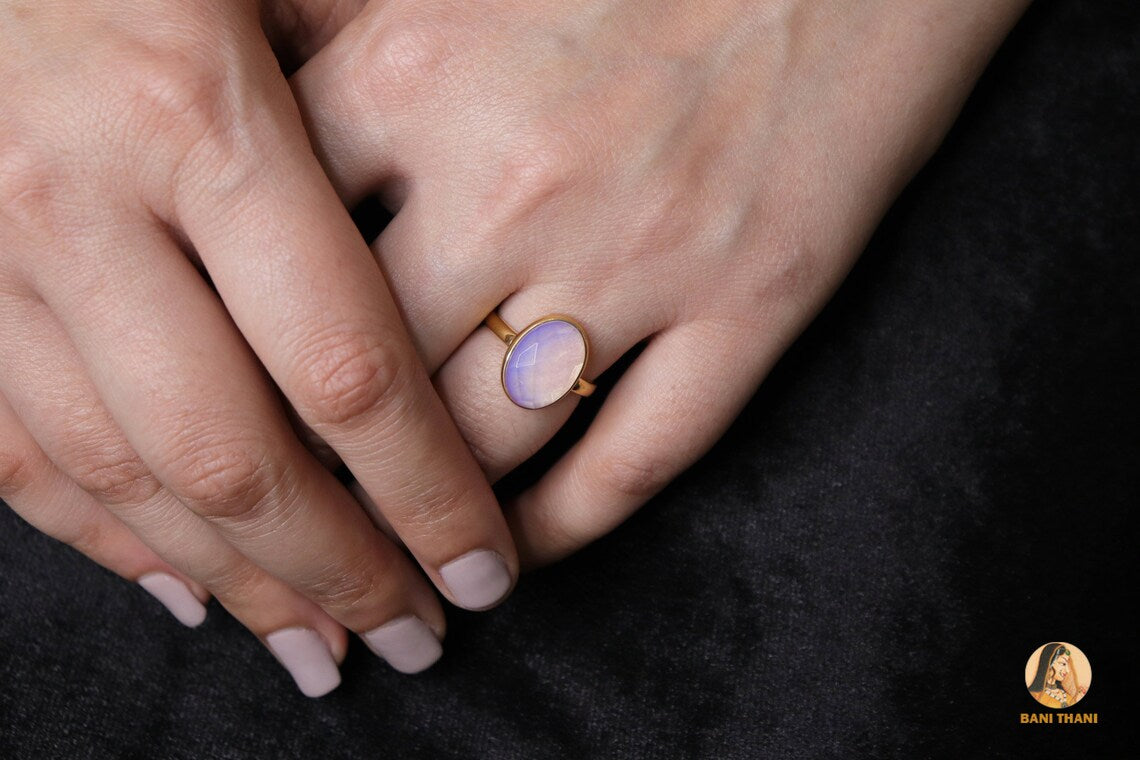Elegant Opalite Ring, Opalite 10x14mm Oval Shape Gold Plated Gemstone Silver Ring, Light Blue Fire Opalite Faceted Bezel Engagement Ring