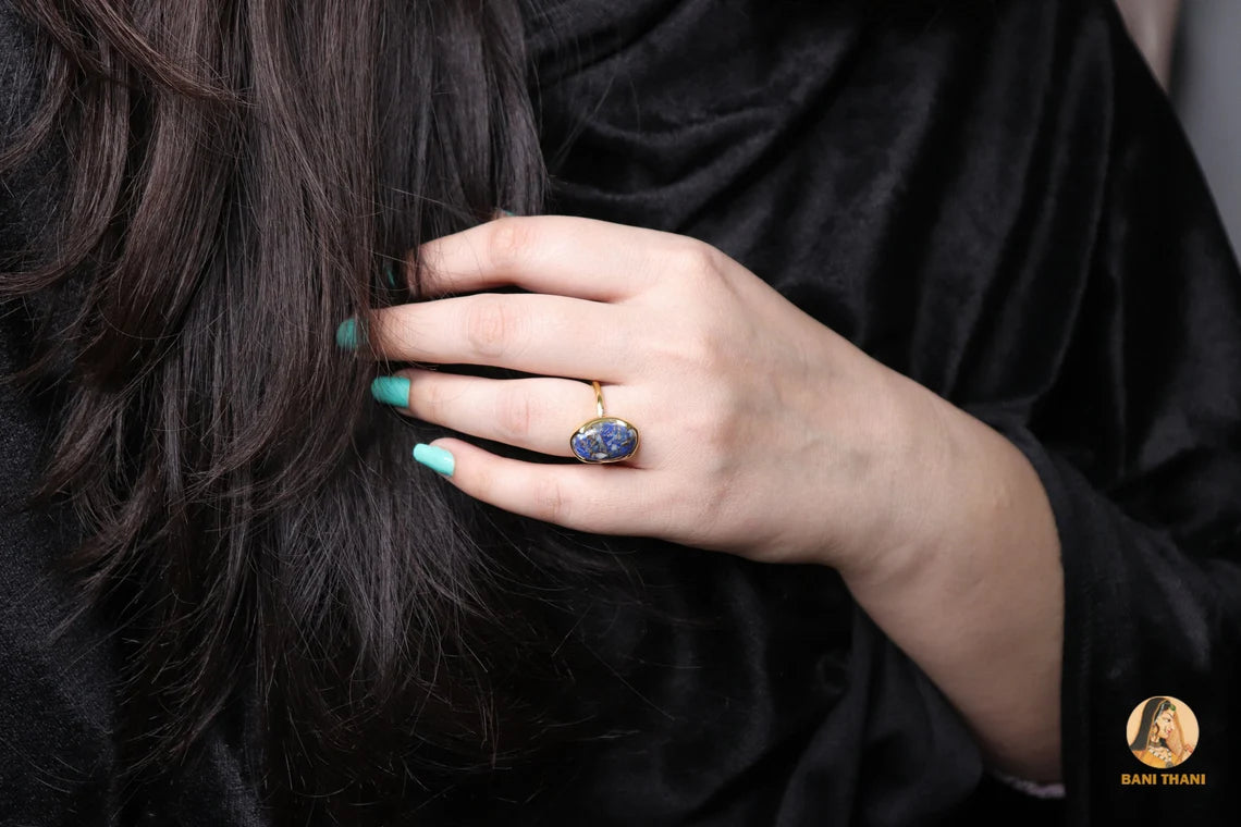 Copper Lapis Lazuli Gemstone Ring - Gold Plated - 10x16mm Oval - Solid Silver - Handcrafted Ring - Fashion Jewelry - Gift for The Traveler