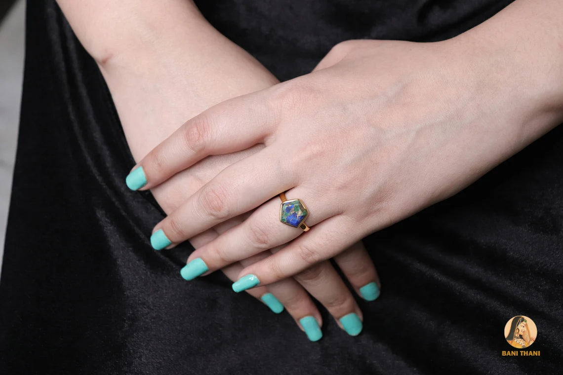 Azurite Copper Ring, Azurite 11x11mm Star Shape Gemstone Silver Ring, Beautiful Azurite Gold Plated Gemstone Ring, Gift For Women