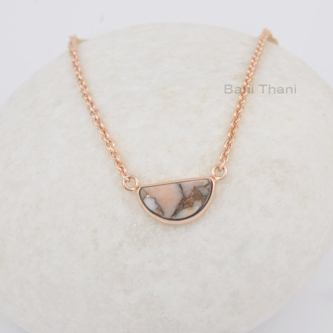 Elegant Pink Opal Copper Necklace, 7x14mm Half Moon Gemstone Necklace, 18k Gold Plated 925 Silver Bezel Necklace, Anniversary Gift Necklace