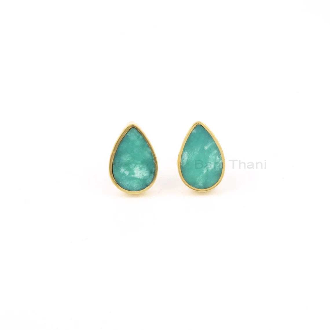 Chrysoprase Stud Earring, Green Chrysoprase 7x11mm Flat Pear Gemstone Studs, Micron Gold Plated Studs, 925 Sterling Silver Stud Earrings