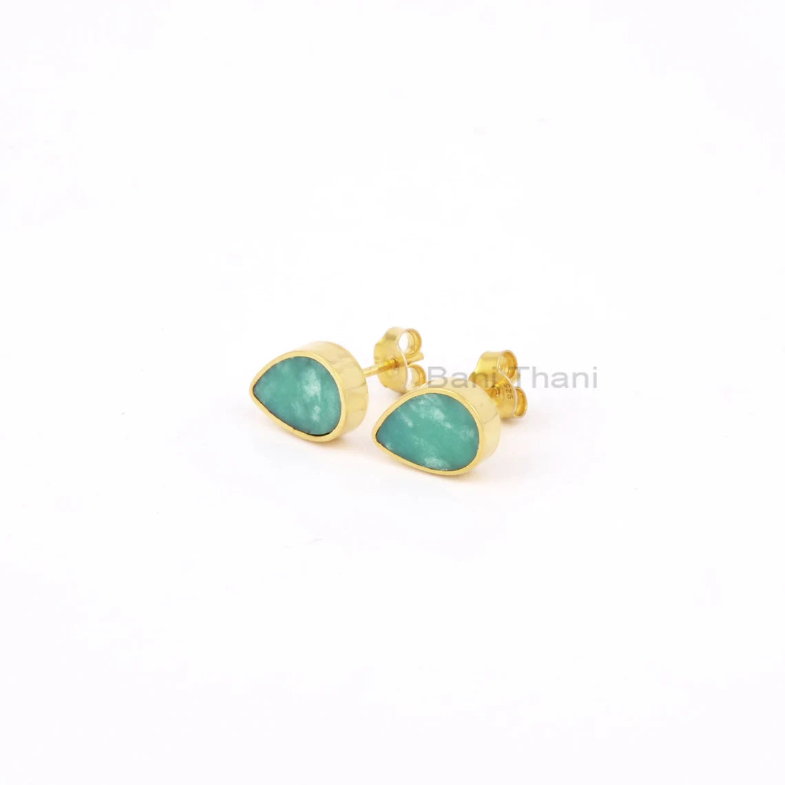 Chrysoprase Stud Earring, Green Chrysoprase 7x11mm Flat Pear Gemstone Studs, Micron Gold Plated Studs, 925 Sterling Silver Stud Earrings