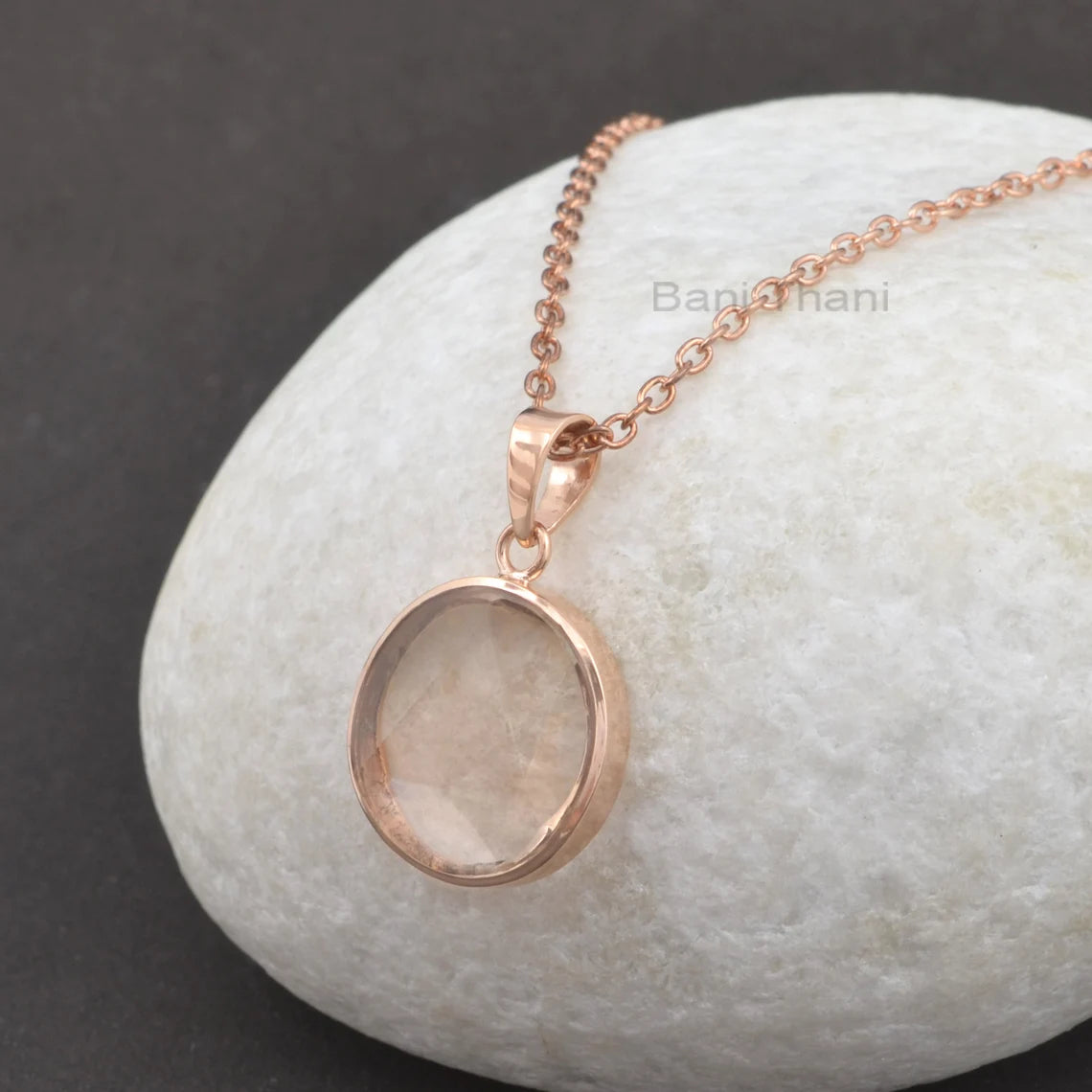 Round Elegant Morganite Quartz 18mm Gemstone Necklace, Rose Gold Plated Sterling Silver Necklace, Christmas Gift Necklace, Delicate Necklace