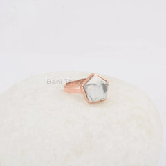 Star Shape Howlite 11mm Gemstone Bezel Ring, Rose Gold Plated Ring, 925 Sterling Silver Ring, Statement Ring, Birthday Gift Ring, Boho Ring