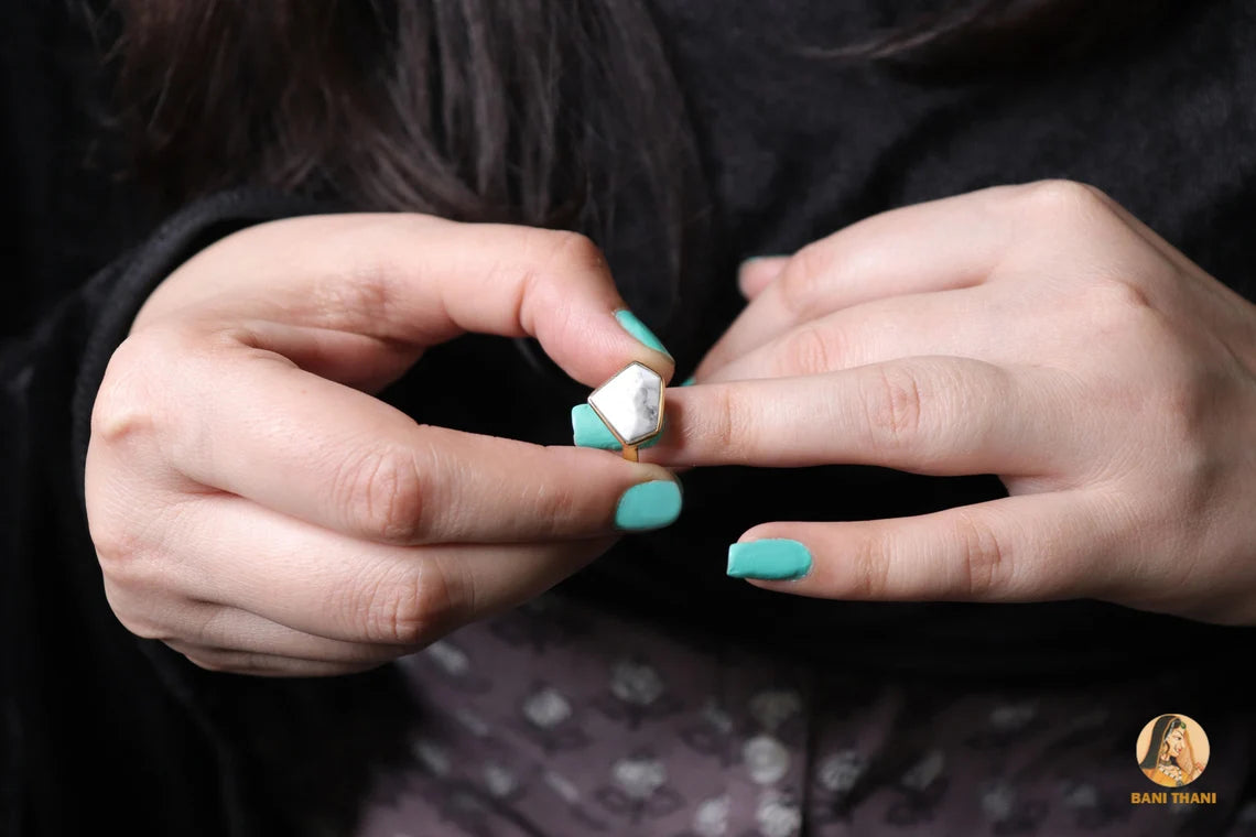Howlite Ring, Gemstone Silver Ring, 18k Gold Plated Ring, 11x13mm Diamond Shape Handmade Ring, Gift for Her, Delicate Ring, Ring for Women
