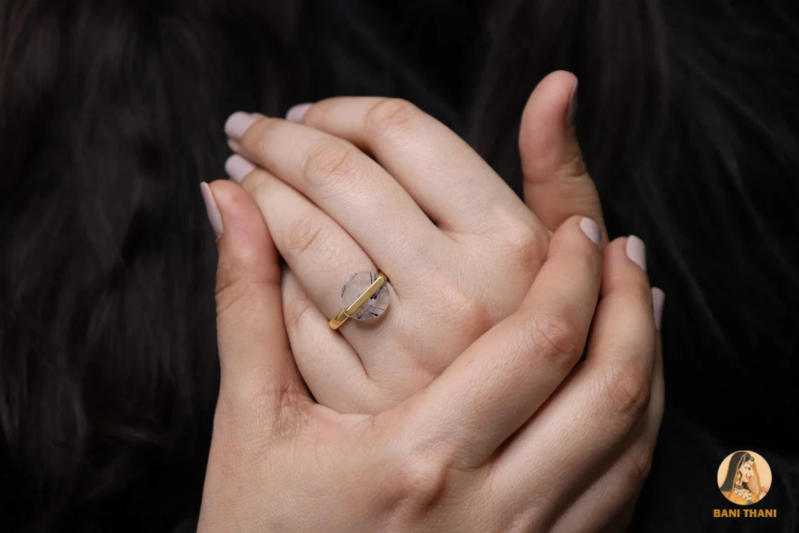 Wire Wrapped Black Rutile Round Gemstone Ring, Handmade Ring, 925 Sterling Silver Jewelry, Womens Ring, Wedding Ring, 18k Gold Plated Ring