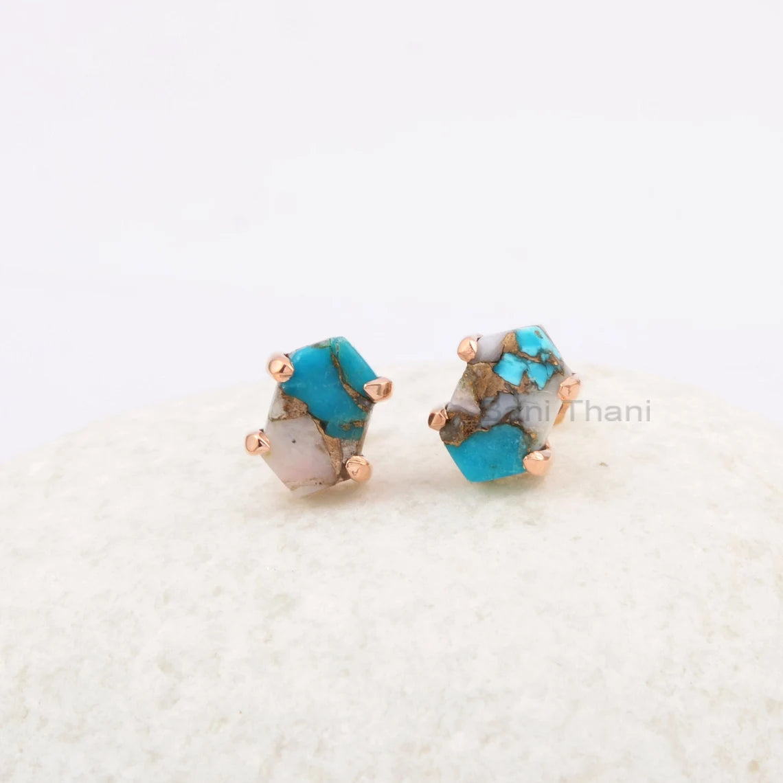 Turquoise Stud Earrings, Pink Opal Copper Turquoise 7x12mm Hexagon Gems Earring, Minimalist Earrings, Silver Studs, Women Delicate Earrings