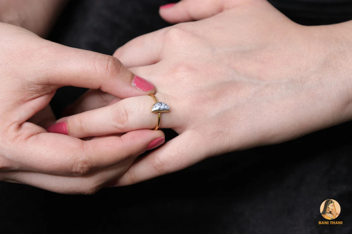 Half Moon Ring, Dendrite Agate 5x10 mm Half Moon Gemstone Ring, 18k Gold Plated Ring, 925 Silver Half Moon Stone Ring, Dendrite Agate Ring