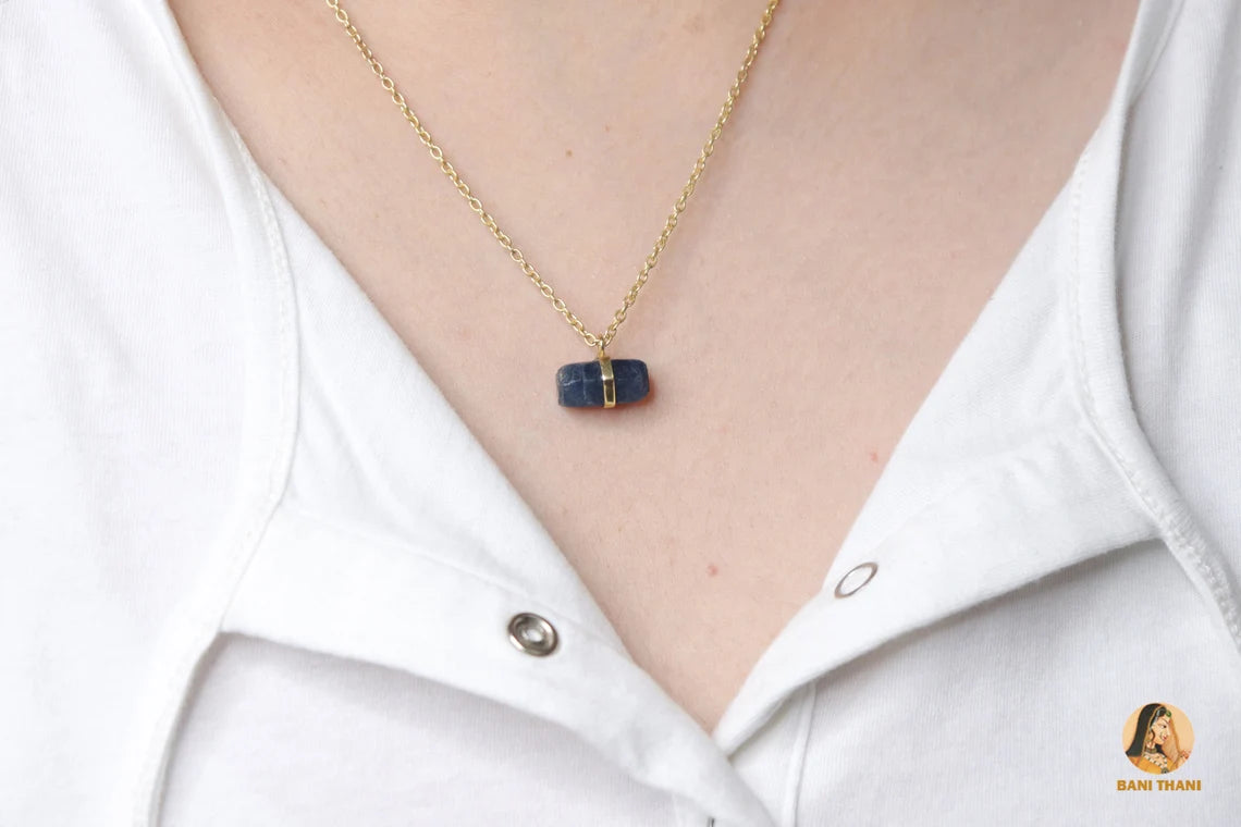 Rough Blue Sapphire 9x16mm Necklace - Gold Plated Necklace - Solid Silver - Party Jewelry - Jewelry For The Traveler - Gift For Young Mom