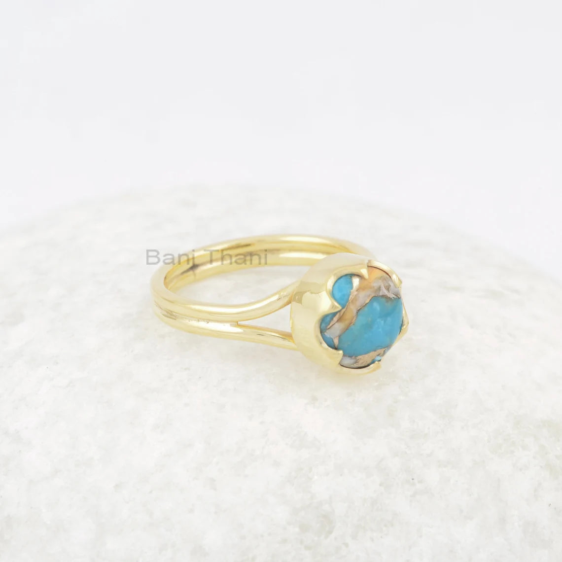 Beautiful Prong Set Oyster Copper Turquoise Ring, 9mm Round Gemstone Ring, 18k Gold Plated 925 Sterling Silver Ring, Delicate Ring Jewelry