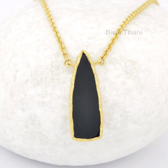 Delicate Black Onyx Trillion Necklace, 10x30mm Flat Gemstone Necklace, 925 Sterling Silver 18k Gold Plated Necklace, Birthday Gift Necklace