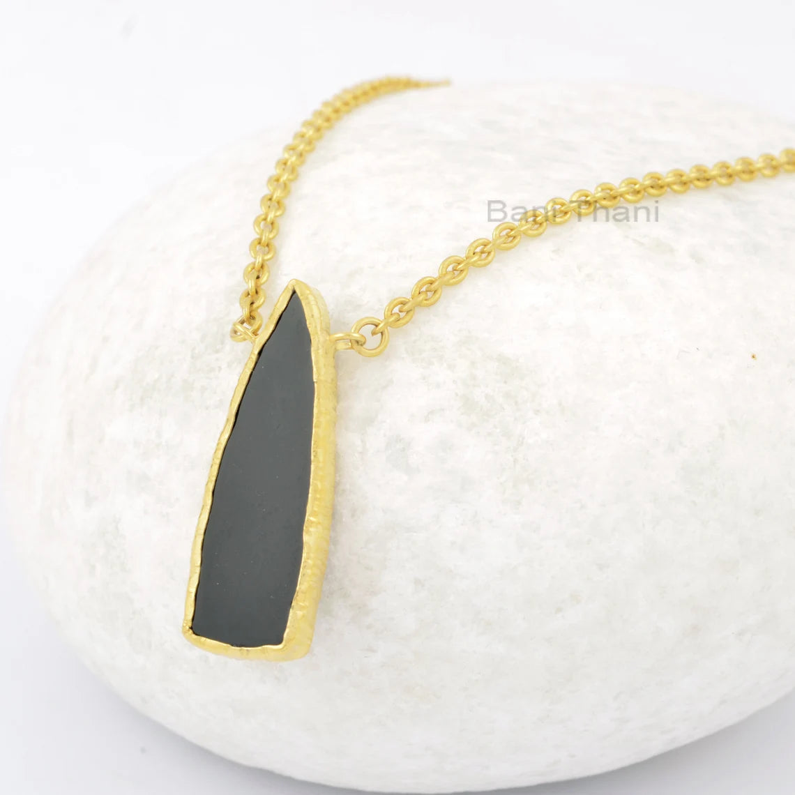 Delicate Black Onyx Trillion Necklace, 10x30mm Flat Gemstone Necklace, 925 Sterling Silver 18k Gold Plated Necklace, Birthday Gift Necklace