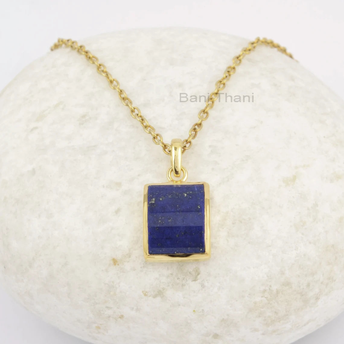 Blue Lapis Necklace, Lapis Lazuli 11x14mm Rectangle Gemstone Step Cut Necklace, 18k Gold Plated Necklace, 925 Sterling Silver Gift Necklace