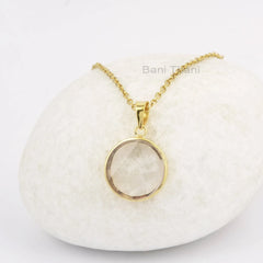 Elegant Vintage Crystal Quartz Necklace, 18mm Round Gemstone Necklace, Gold Plated 925 Sterling Silver Bezel Necklace, Women's Gift Necklace