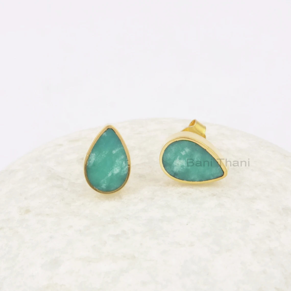 Chrysoprase Stud Earring, Green Chrysoprase 7x11mm Flat Pear Gemstone Studs, Micron Gold Plated Studs, 925 Sterling Silver Stud Earrings