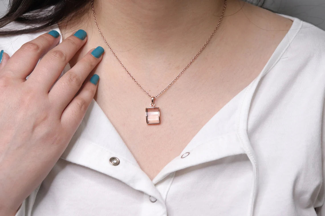 Gorgeous Morganite Quartz Necklace, 11x14mm Rectangle Step Cut Gemstone Necklace, Rose Gold Plated 925 Silver Necklace, Womens Gift Necklace