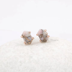 Opal Stud Earrings, Pink Opal Copper 7x12mm Hexagon Gemstone Stud Earring, Rose Gold Plated Earring, Women Silver Earrings, Dainty Earring