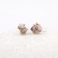 Opal Stud Earrings, Pink Opal Copper 7x12mm Hexagon Gemstone Stud Earring, Rose Gold Plated Earring, Women Silver Earrings, Dainty Earring