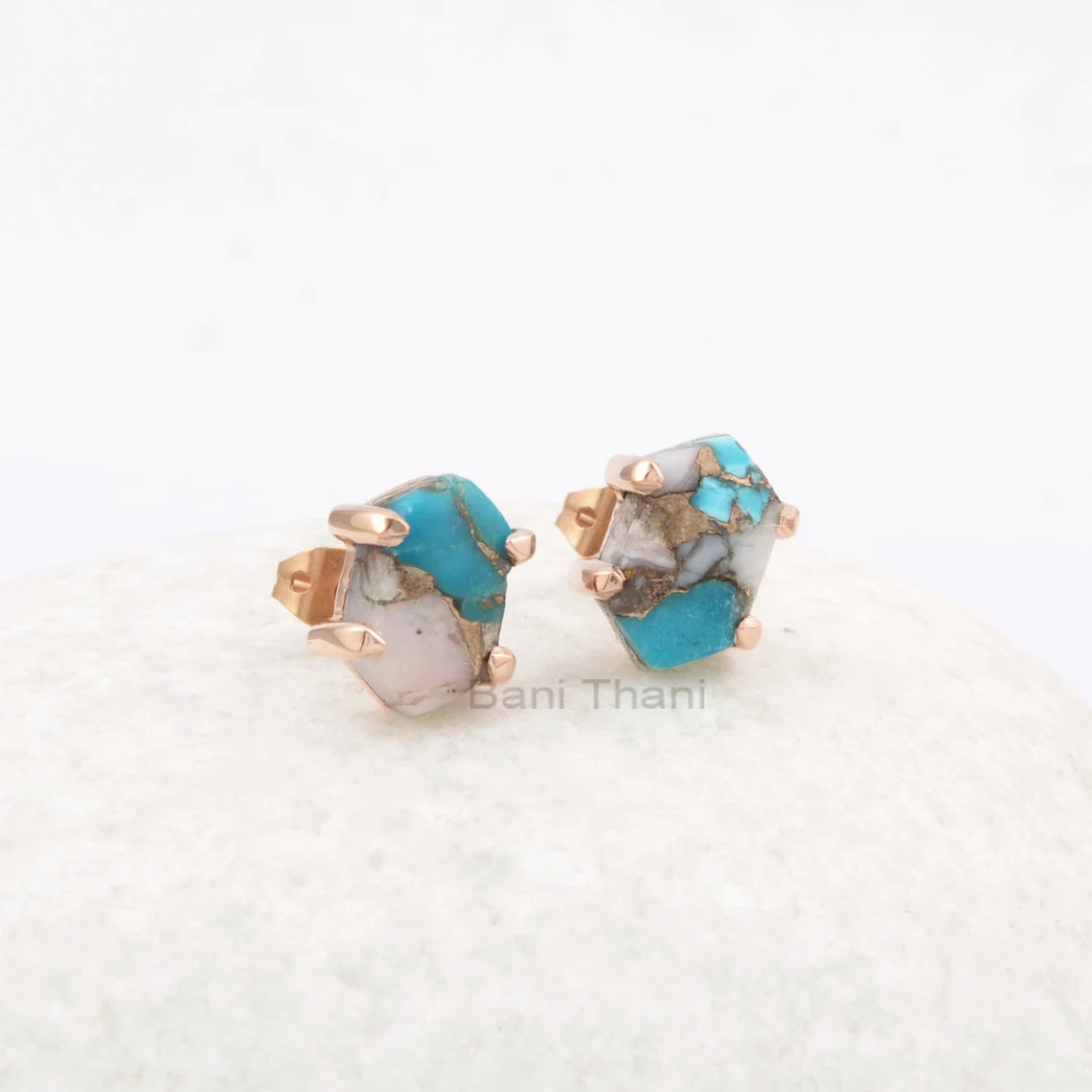 Turquoise Stud Earrings, Pink Opal Copper Turquoise 7x12mm Hexagon Gems Earring, Minimalist Earrings, Silver Studs, Women Delicate Earrings