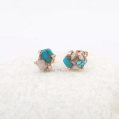 Turquoise Stud Earrings, Pink Opal Copper Turquoise 7x12mm Hexagon Gems Earring, Minimalist Earrings, Silver Studs, Women Delicate Earrings