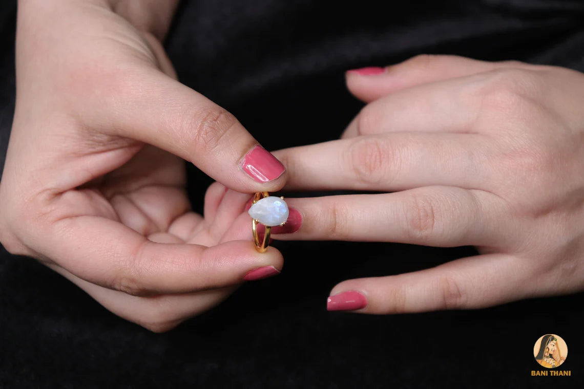 Moonstone Ring, Rainbow Moonstone 9x12mm Pear Shape Gemstone Ring, Prong Set Moonstone Ring, 18k Gold Plated Ring, 925 Silver Moonstone Ring