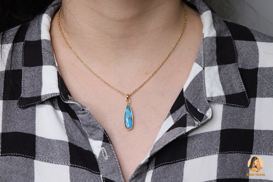 Turquoise Necklace, Blue Copper Turquoise 8x25mm Pear Gemstone Necklace, 18k Gold Plated Silver Briolette Necklace Women, Valentines Gift