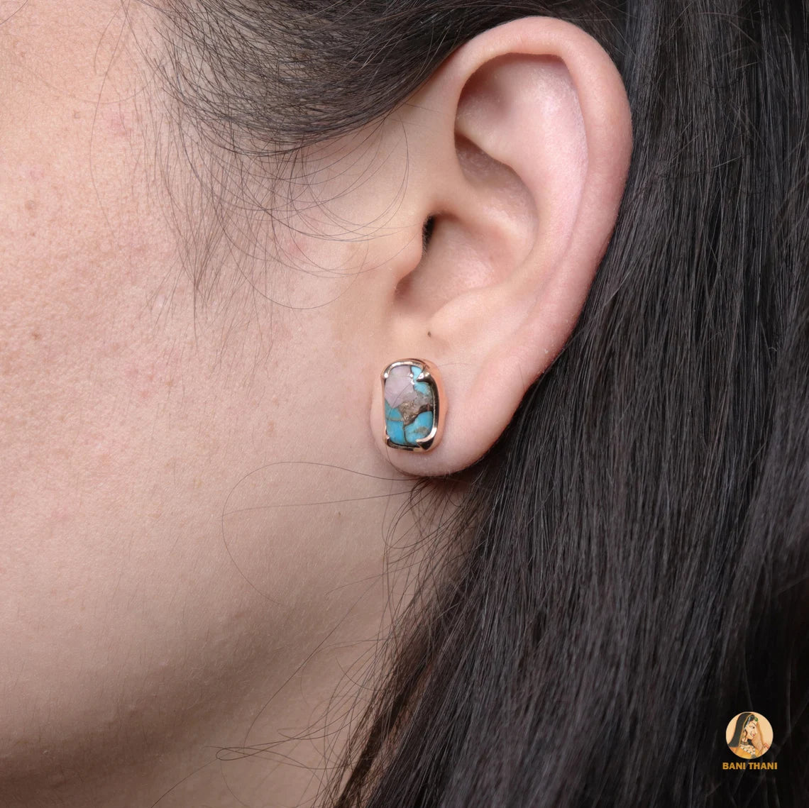 Pink Opal Earring - Gemstone Stud Earrings - Copper Turquoise Earring - 925 Solid Silver - Rose Gold - Womens Gift Earring - 7x11mm Cushion