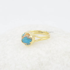 Beautiful Prong Set Oyster Copper Turquoise Ring, 9mm Round Gemstone Ring, 18k Gold Plated 925 Sterling Silver Ring, Delicate Ring Jewelry