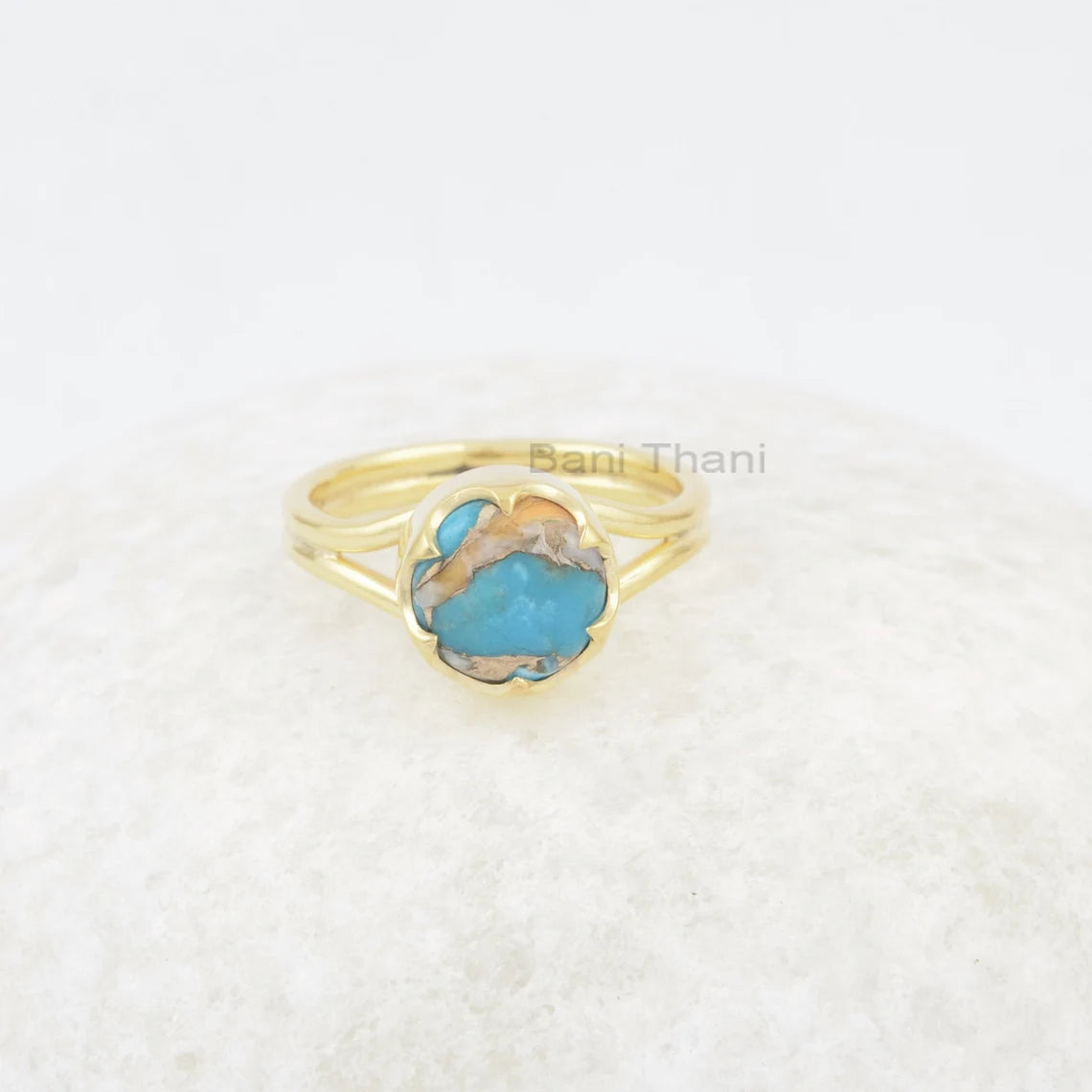 Beautiful Prong Set Oyster Copper Turquoise Ring, 9mm Round Gemstone Ring, 18k Gold Plated 925 Sterling Silver Ring, Delicate Ring Jewelry