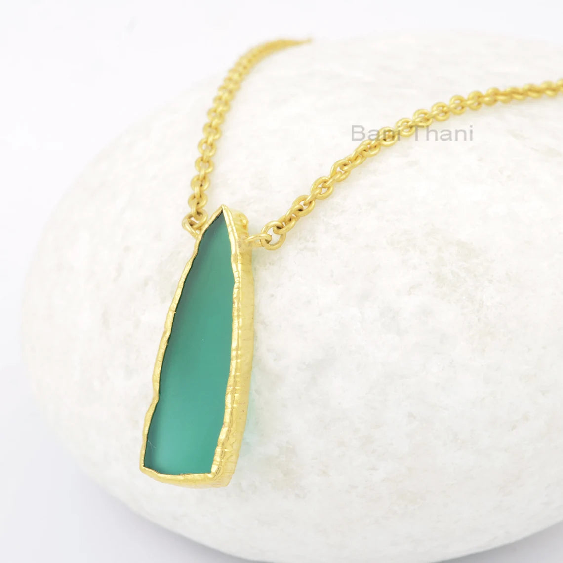 Very Gorgeous Green Onyx 10x30mm Flat Trillion Gemstone Necklace, 925 Sterling Silver Gold Plated Necklace, Unique Necklace, Dainty Necklace