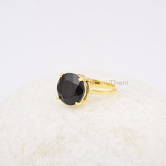 Round Black Onyx Gemstone Ring, 925 Sterling Silver Ring, Gold Plated Onyx Ring, Wedding Gift Ring, Girls Ring, Prong Set Ring, Dainty Ring
