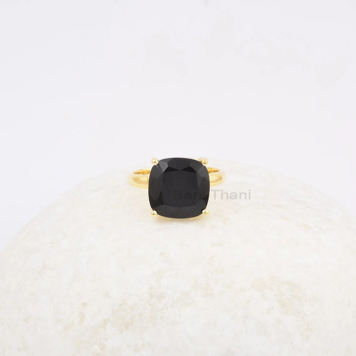 Womens Ring - Black Onyx Ring - 12mm Cushion Gemstone - Gold Plated Ring - 925 Solid Silver Ring - Best Selling Ring - Gift for Bridesmaid