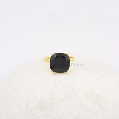 Womens Ring - Black Onyx Ring - 12mm Cushion Gemstone - Gold Plated Ring - 925 Solid Silver Ring - Best Selling Ring - Gift for Bridesmaid