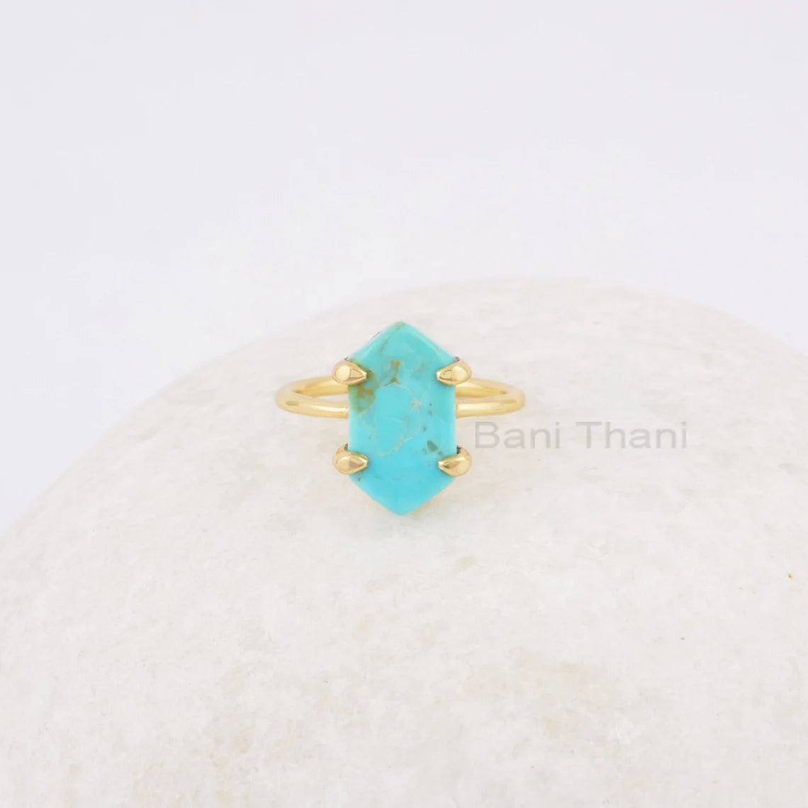 Turquoise Ring, Arizona Turquoise 8x15mm Hexagon Gemstone Ring, Gold Plated 925 Sterling Silver Prong Set Ring, Christmas Gift,Cocktail Ring