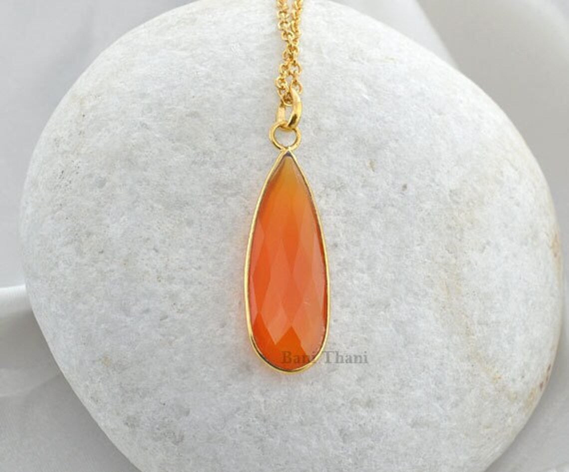 Fanta Chalcedony 11x32mm Long Pear Gemstone Necklace, Gold Plated 925 Sterling Silver Necklace, Wedding Gift Necklace, Delicate Necklace