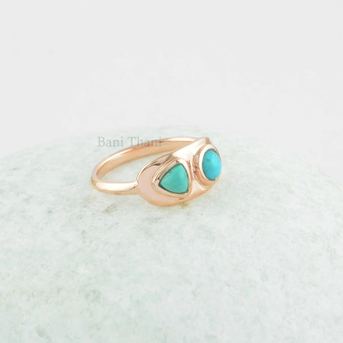 Arizona Turquoise Ring, Turquoise Round and Trillion Gemstone Rose Gold Plated Sterling Silver Ring, Personalized Gift For Mom,Cocktail Ring