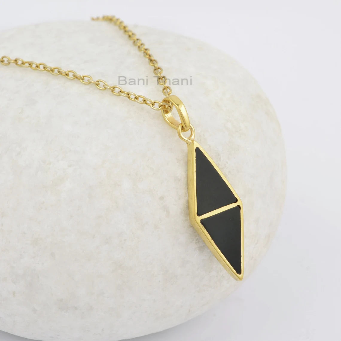 Black Onyx Necklace - 925 Silver - Gold Plated Pendant - 10x13mm Flat Triangle - Artisan Jewelry - Gift For Grand Daughter - Jewelry For Her