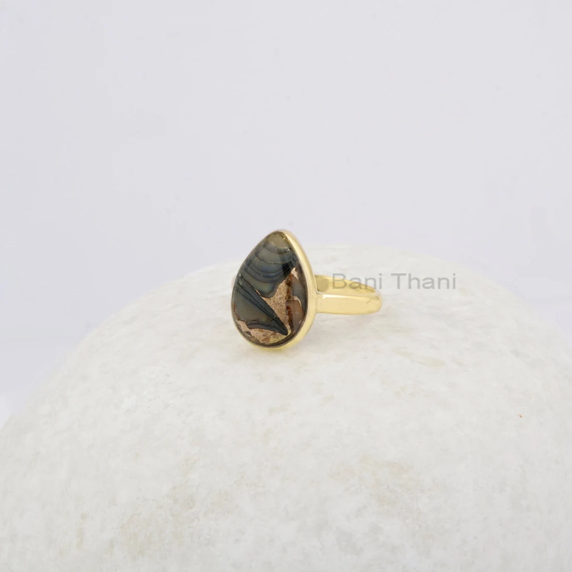 Black Copper Shell Ring - Pure 925 Silver - Gemstone Ring - 10x14mm Pear - Gold Plated - Artisan Jewelry - Jewelry for Girl - Gift for Niece